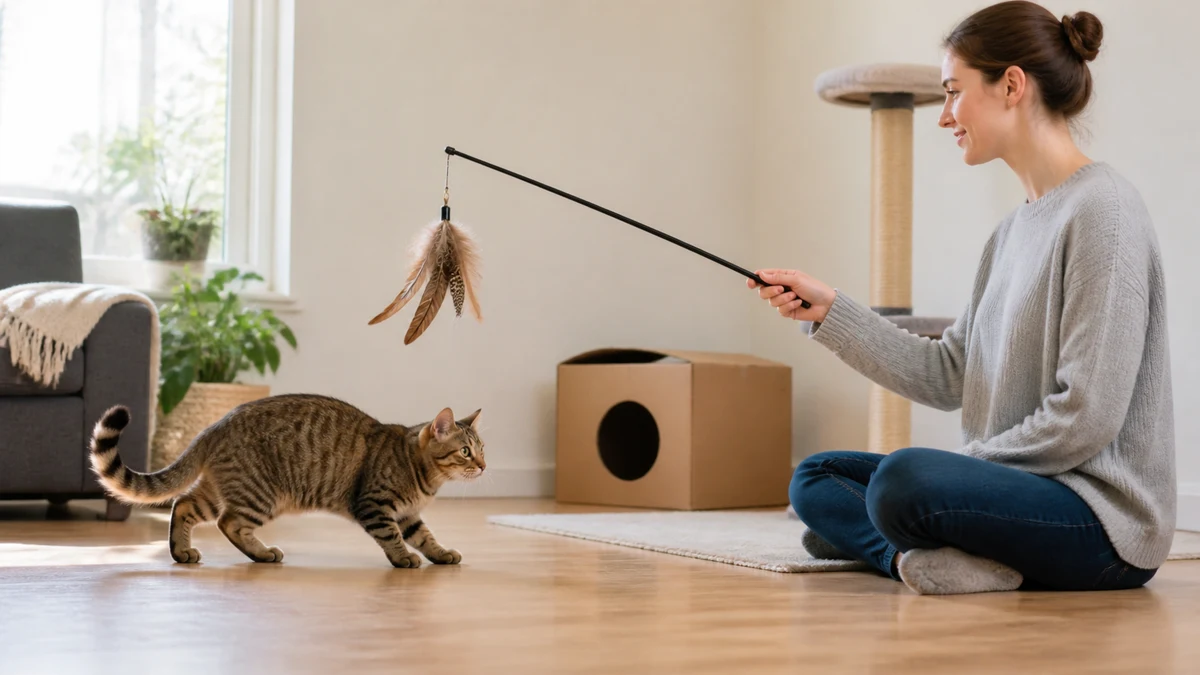 Brown tabby cat voluntarily engaging with a feather wand while a seated caregiver leaves an open retreat path