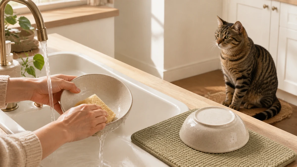 Caregiver washing a wide ceramic cat water bowl while a tabby waits nearby and a second bowl dries on a mat