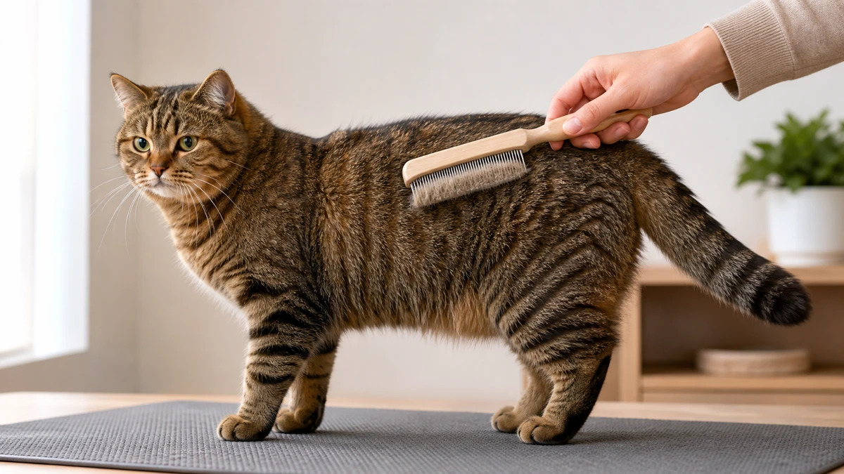 Plush-coated brown tabby receiving one shallow pass with a rounded-tooth comb during shedding