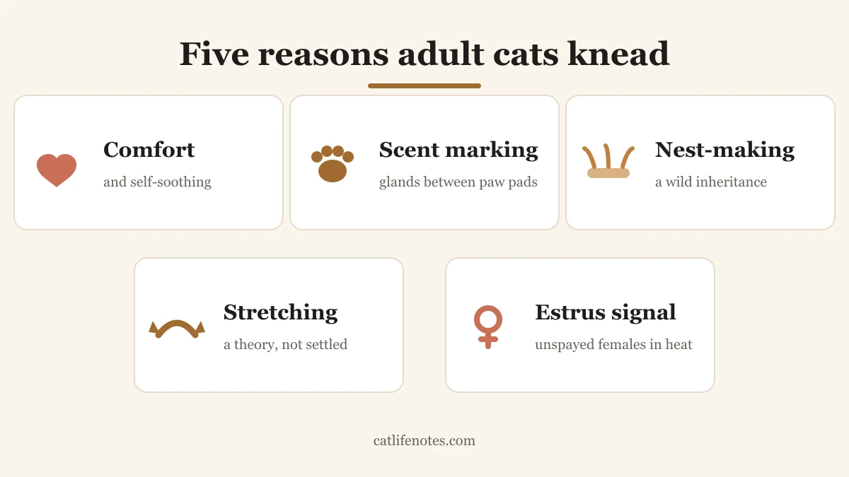 Diagram of five reasons adult cats knead: comfort, scent marking, nest making, stretching, and estrus signaling
