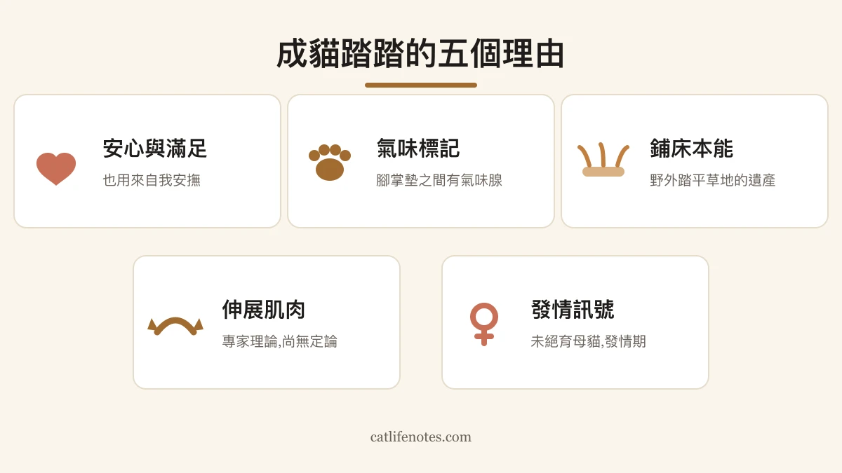 Diagram of five reasons adult cats knead: comfort, scent marking, nest making, stretching, and estrus signaling