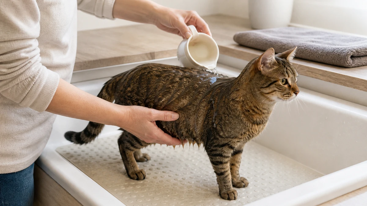 Caregiver gently pouring lukewarm water over a tabby's back while its face stays dry and all four paws stand on a nonslip mat