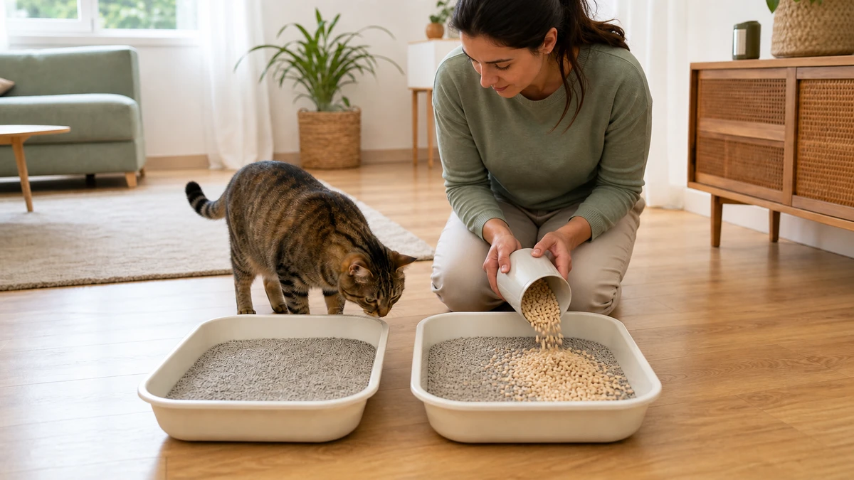 Caregiver adding a small amount of pale tofu pellets to one trial tray while the familiar litter remains available beside it