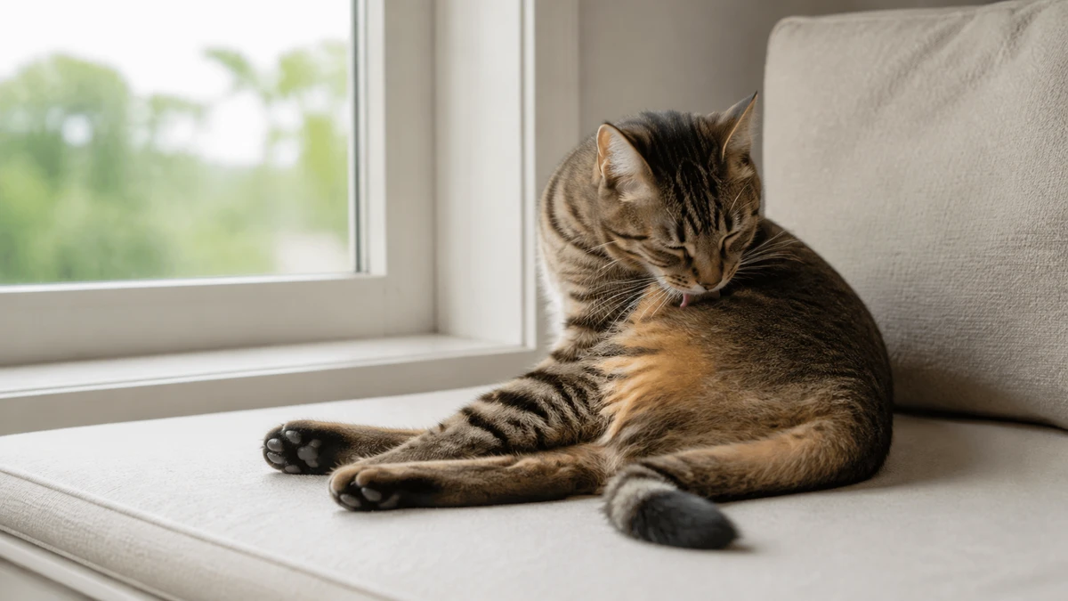 Healthy brown tabby calmly grooming its shoulder and chest on a clean window seat