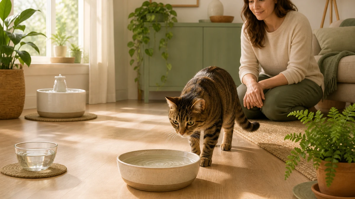 Brown tabby choosing among a wide ceramic bowl, glass bowl, and pet fountain while a caregiver observes calmly