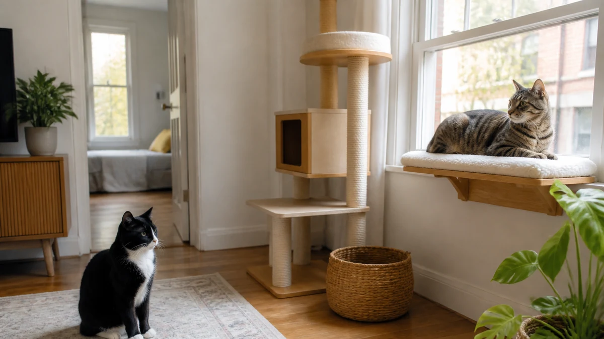 Brown tabby and black-and-white cats sharing a calm living room at a comfortable distance with open retreat routes