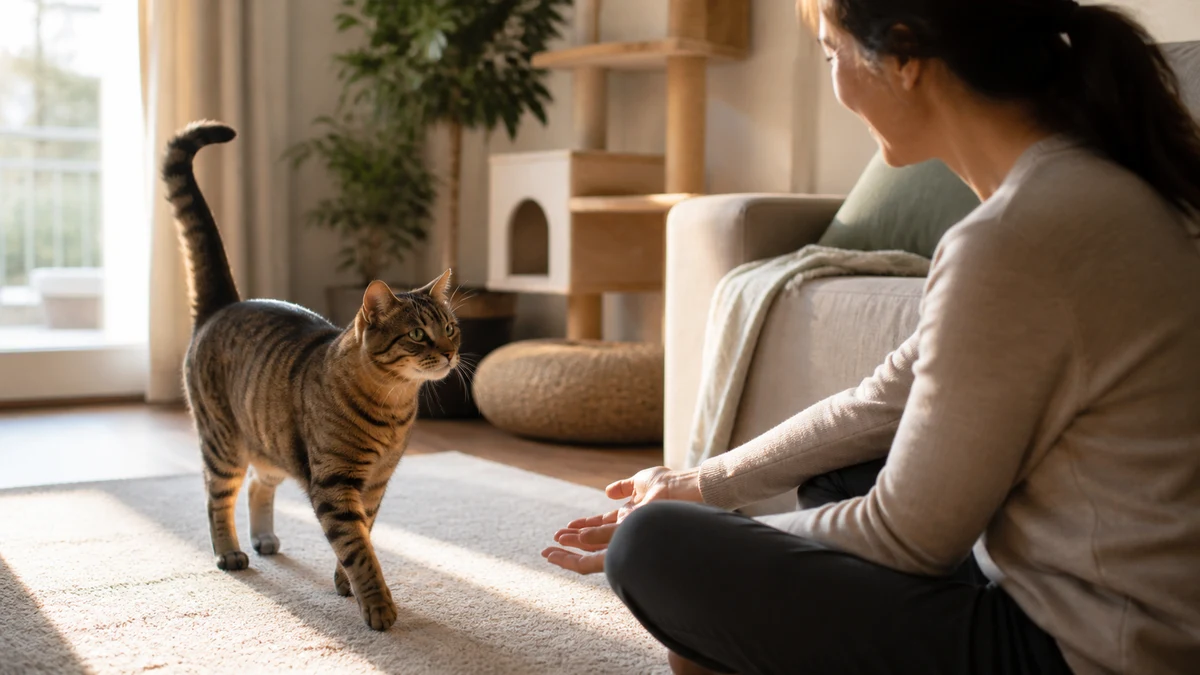 Brown tabby cat voluntarily approaching a caregiver seated low in a warm living room