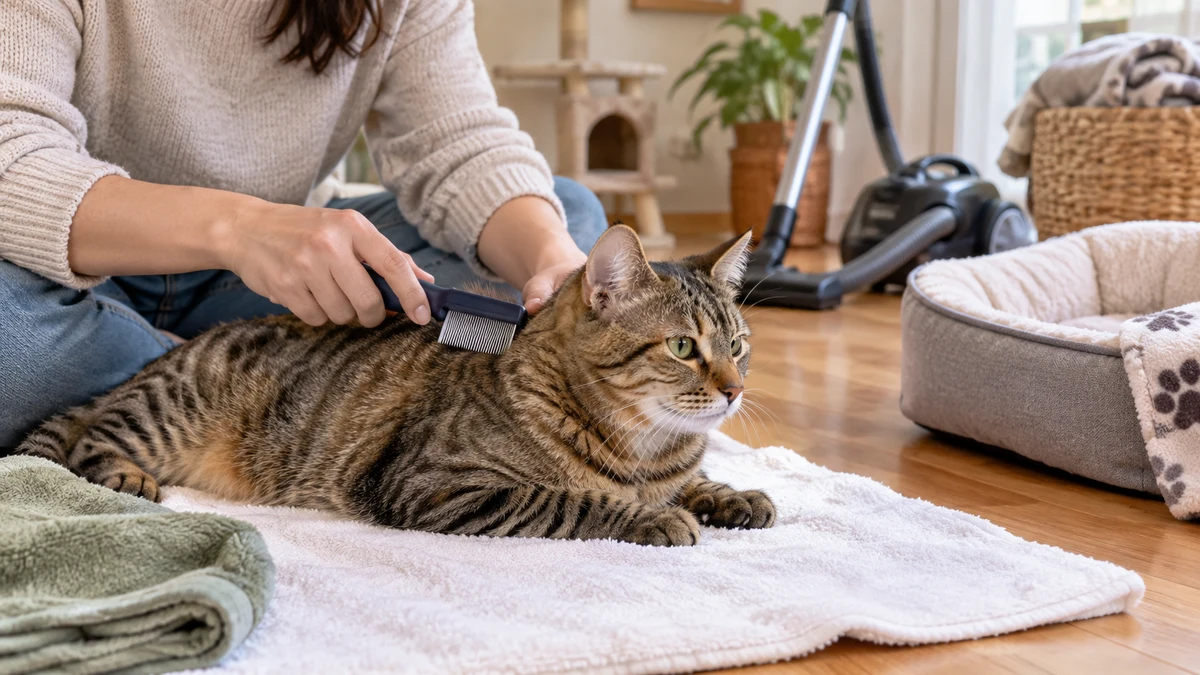 A caregiver gently uses a fine flea comb over a white towel beside washable bedding and a vacuum