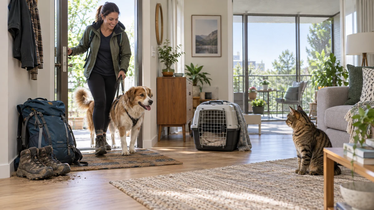 An indoor tabby watches as a dog and caregiver return beside hiking gear, a carrier, and a secure screened balcony