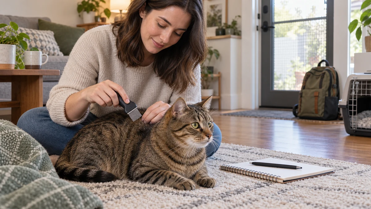 Caregiver gently checking a relaxed indoor brown tabby with a flea comb near a screened doorway, carrier, and outdoor backpack