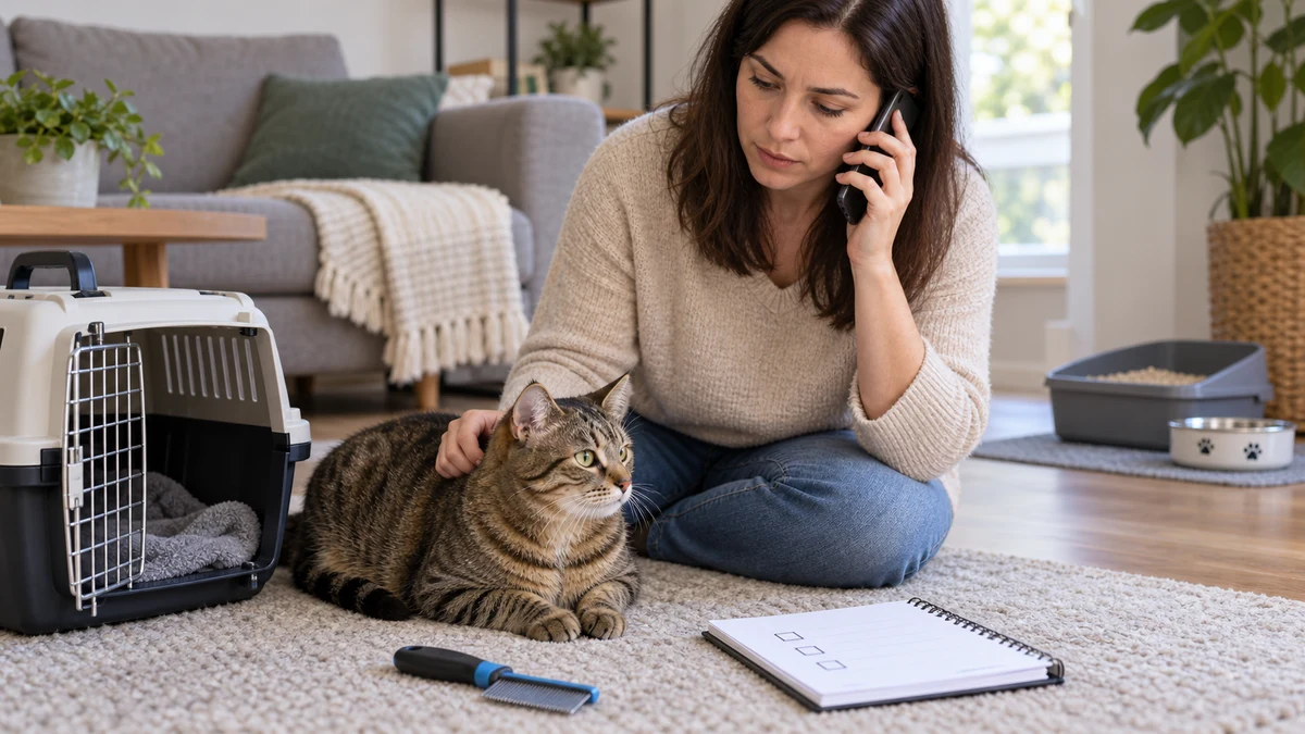 A caregiver calls a veterinary clinic beside an alert tabby, open carrier, flea comb, and observation notebook