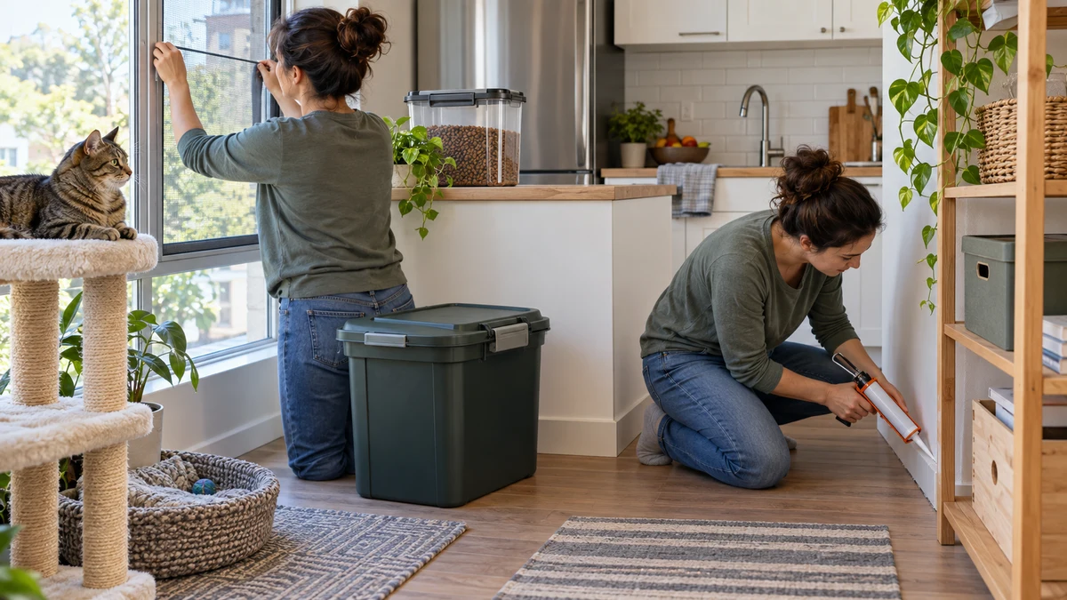 A caregiver repairs a screen, seals a small gap, and stores pet food in a closed container while a tabby watches
