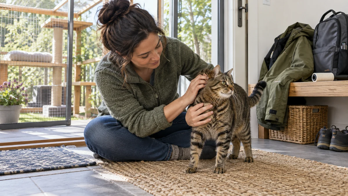 A caregiver calmly checks a tabby around the ears and neck after a visit to a secure catio