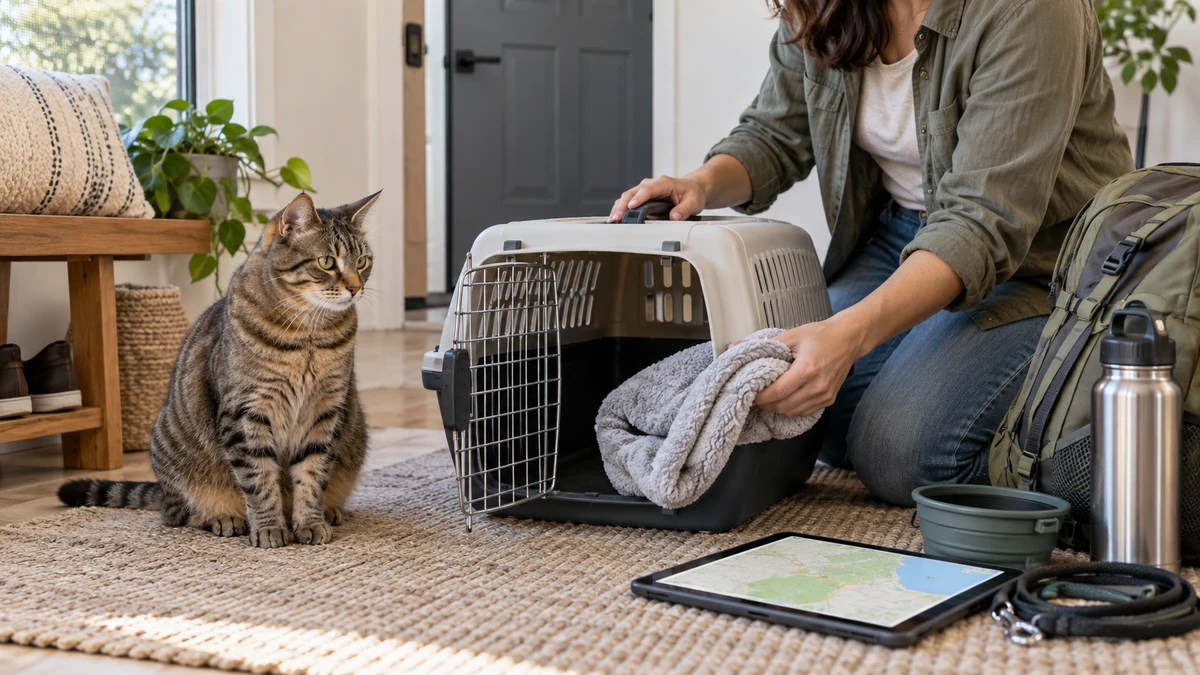 A caregiver prepares a secure carrier and travel gear while reviewing an unlabeled destination map beside an indoor tabby