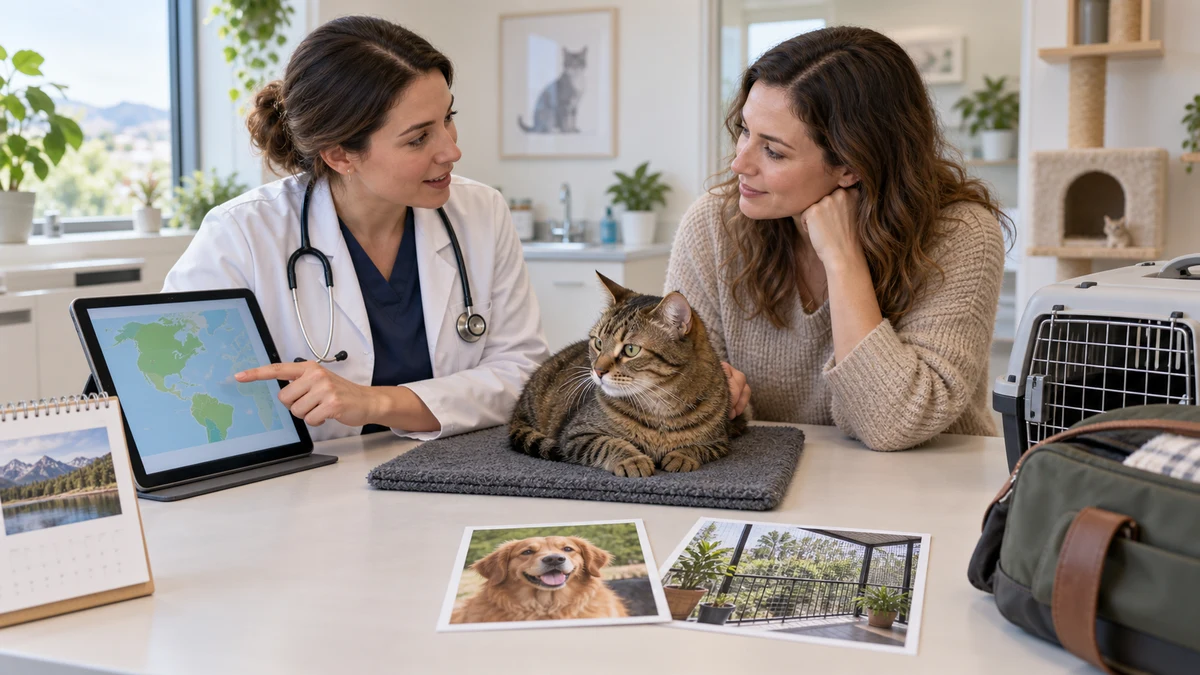 A veterinarian and caregiver discuss a map, travel, a household dog, and screened outdoor access beside a relaxed cat