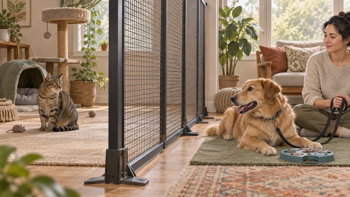 Brown tabby and golden dog calmly noticing each other across a tall anchored mesh barrier while the dog lies on a mat beside an adult holding a slack leash