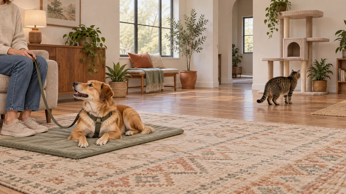 Golden dog resting on a mat in a harness with a slack leash while a brown tabby chooses a distant route beside a tall cat tree in a large room