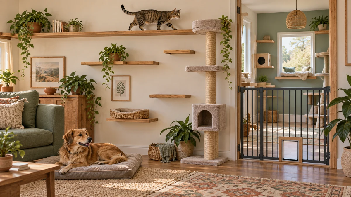 Brown tabby using a broad wall shelf and cat tree as dog-free routes while a golden dog rests calmly in a separate floor-level zone