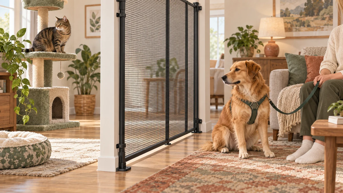 Brown tabby cat and golden mixed-breed dog calmly observing each other from several feet away through a tall anchored mesh gate while an adult holds a loose leash