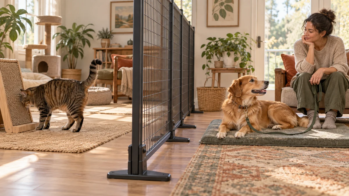 Brown tabby turning away to use a scratcher while a golden dog calmly redirects to an adult across a secure mesh barrier
