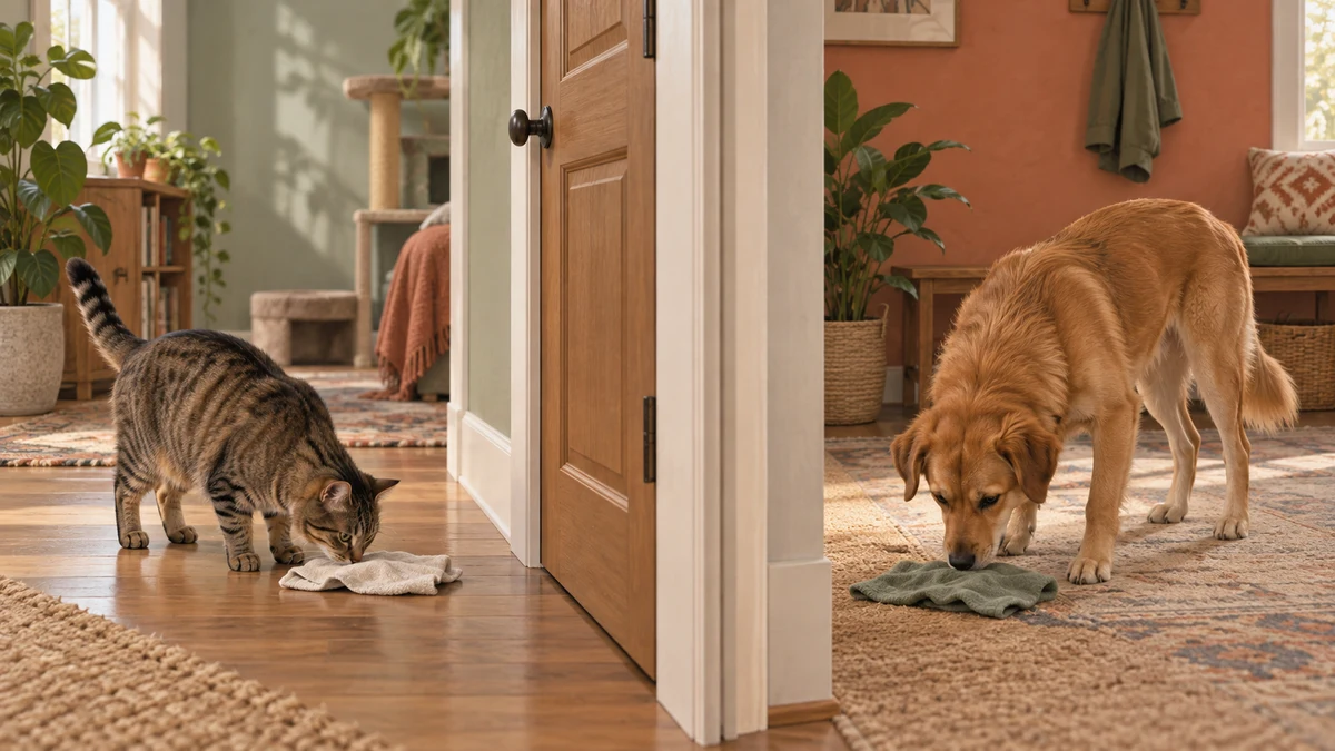 Brown tabby and golden dog calmly investigating separate scent cloths in different rooms divided by a fully closed solid door