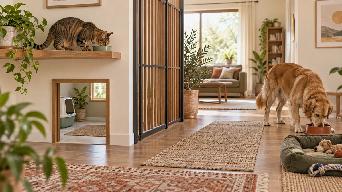 Brown tabby eating on an elevated shelf near a dog-proof litter room while a golden dog eats far away beside its own bed and toys