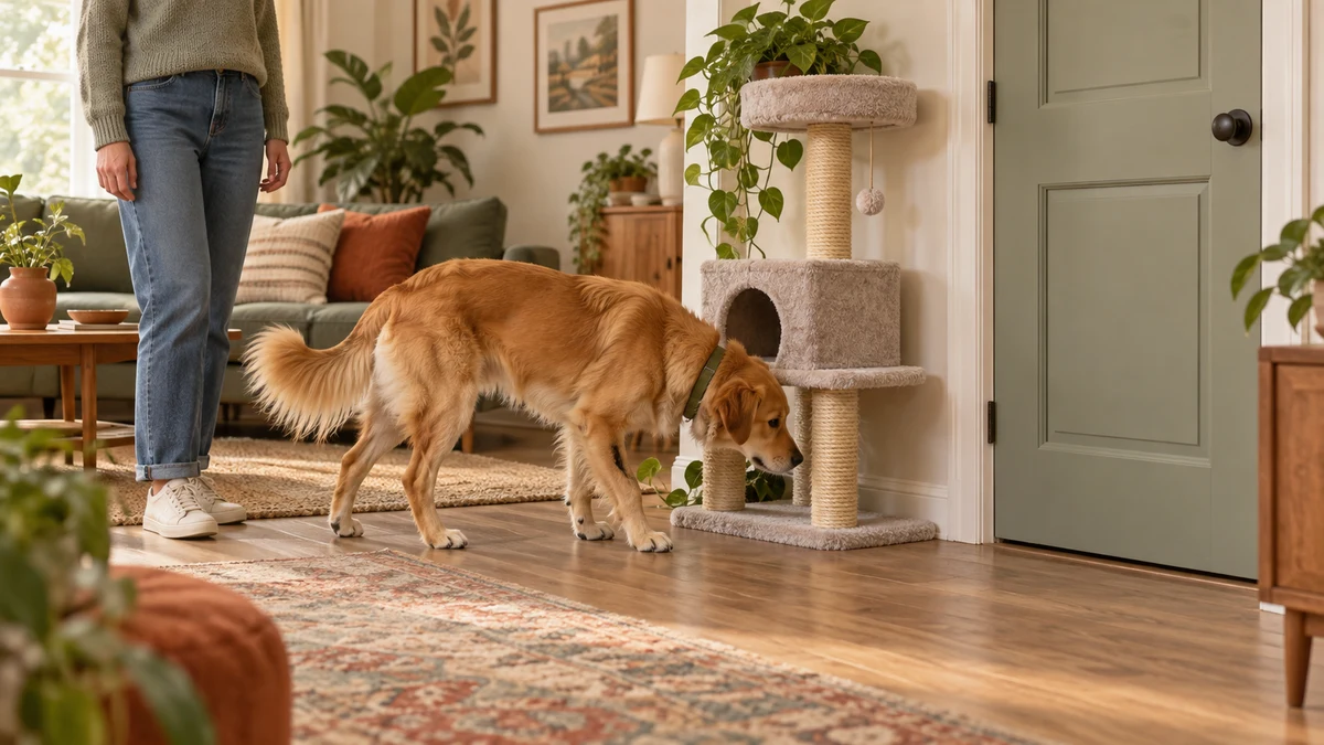 Golden mixed-breed dog calmly exploring near a cat tree while an adult supervises and the cat remains securely behind a closed door