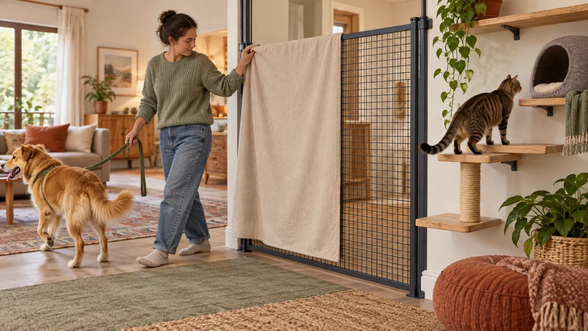 Adult partly covering a secure mesh gate and guiding a golden dog farther away while a brown tabby retreats along an open shelf route