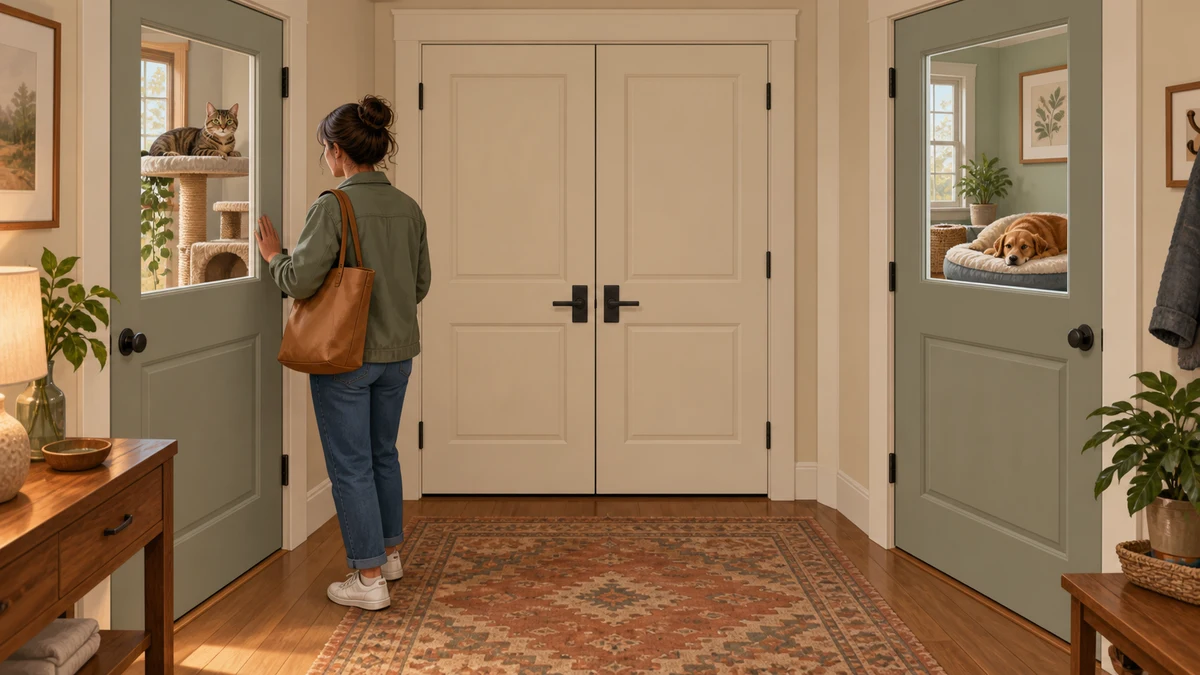 Adult preparing to leave after confirming a brown tabby and golden dog are resting behind two separate closed interior doors