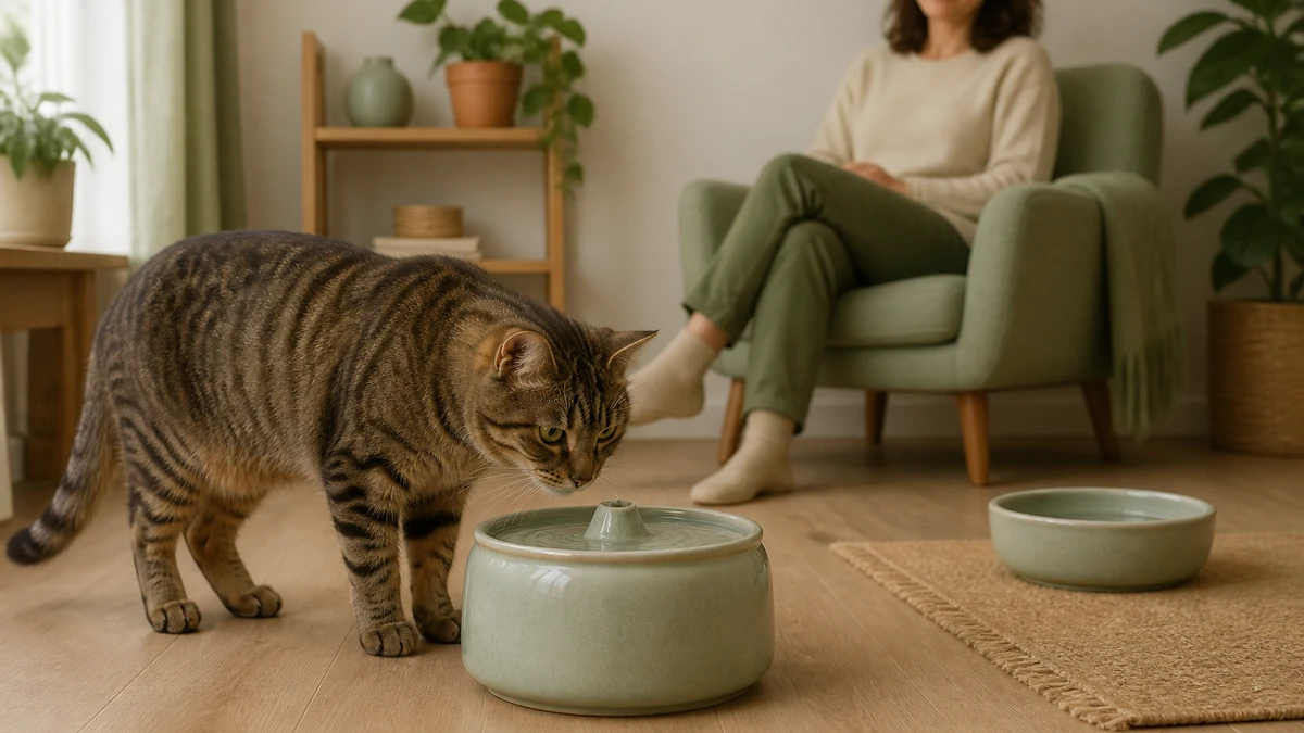 Brown tabby calmly investigating a ceramic fountain while a familiar wide water bowl remains available
