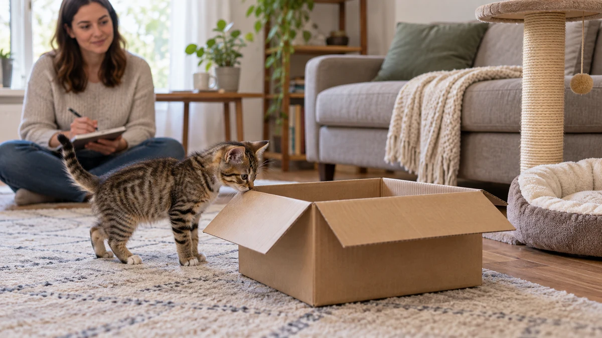 Young brown tabby calmly inspecting one new open cardboard box while a caregiver records the response from a distance