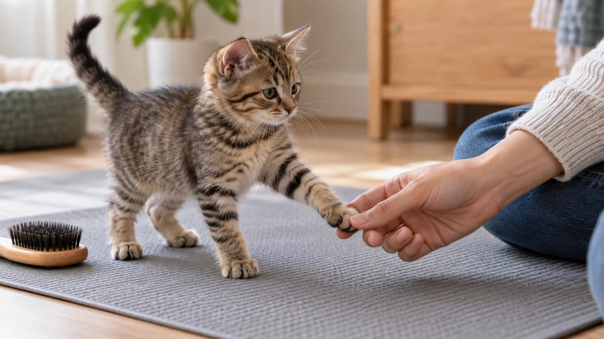Young brown tabby standing freely on a nonslip mat while a caregiver briefly touches one front paw with two fingers