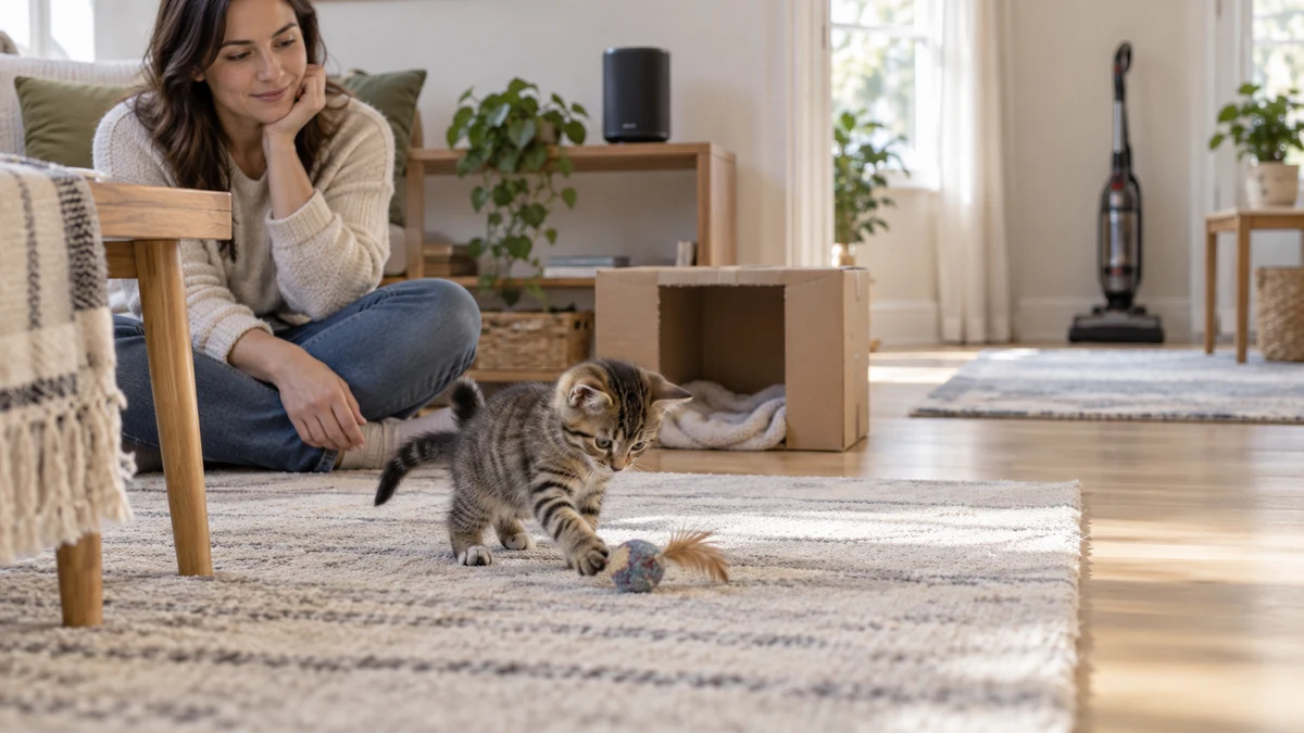 Young brown tabby playing calmly while a caregiver monitors from the floor, with an open hide and an inactive vacuum cleaner far away