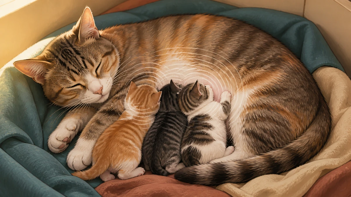 Mother cat curled around three nursing kittens as soft ripples suggest quiet purring communication