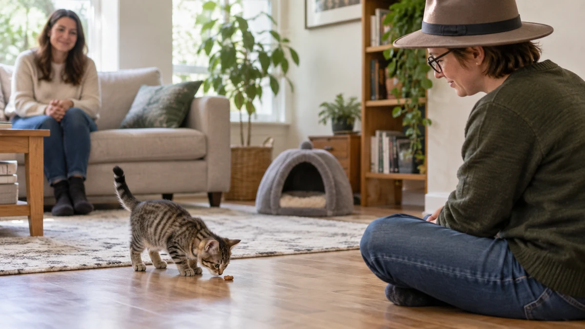 Young brown tabby voluntarily approaching a floor treat several feet from a quiet seated visitor wearing glasses and a plain hat