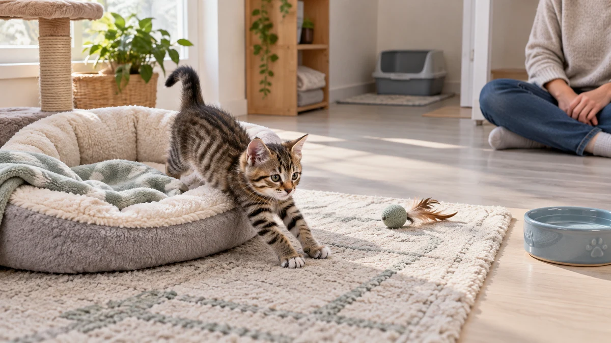 Young brown tabby stretching after waking naturally in a quiet kitten-safe room while a seated caregiver waits at a distance