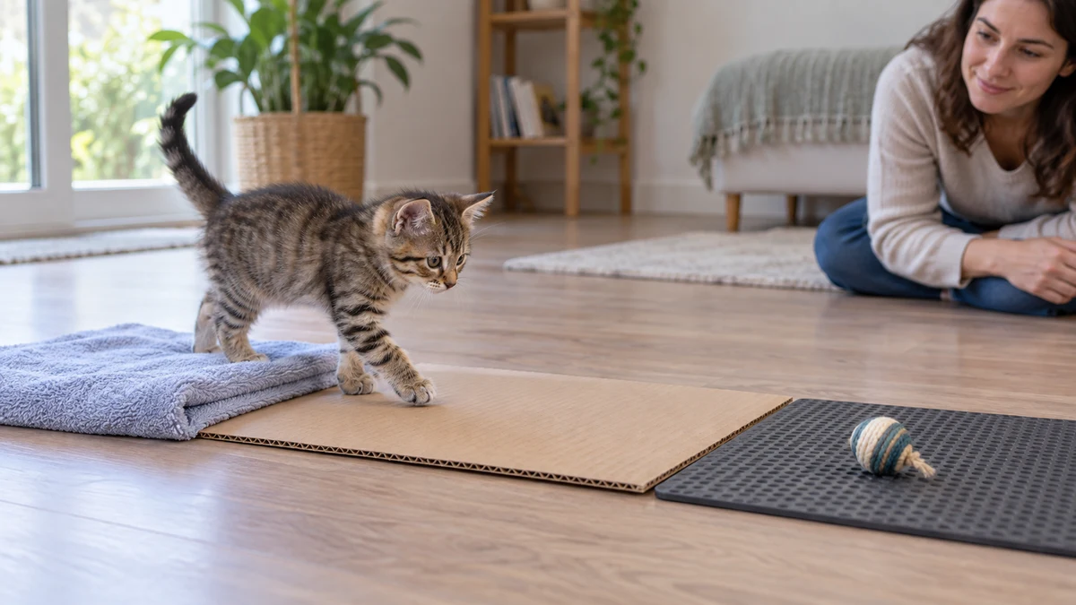 Young brown tabby choosing to cross a stable towel, flat cardboard sheet, and nonslip mat while a caregiver observes from a distance