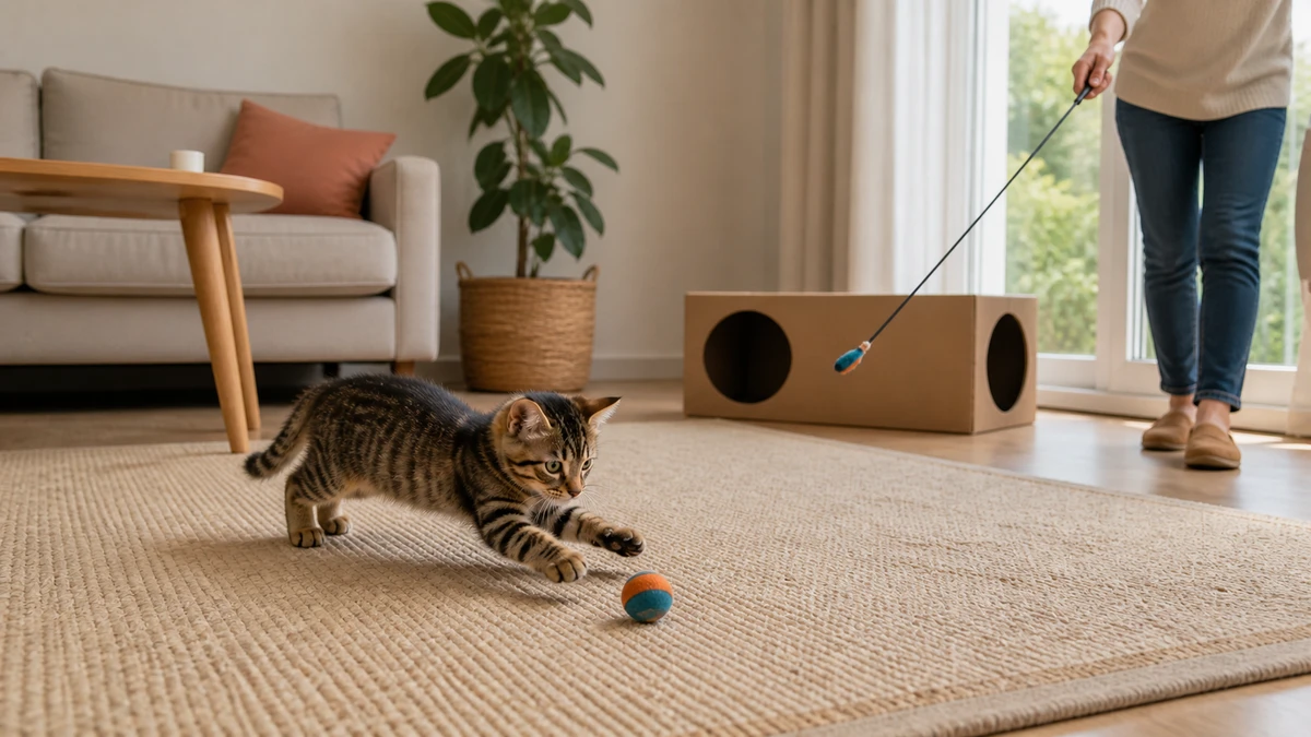Brown tabby kitten chasing a soft ball while the caregiver keeps the wand and body at a safe distance