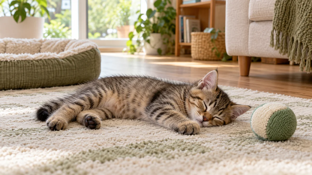 Young brown tabby kitten sleeps loosely after play beside a safe fabric ball in a kitten-friendly room