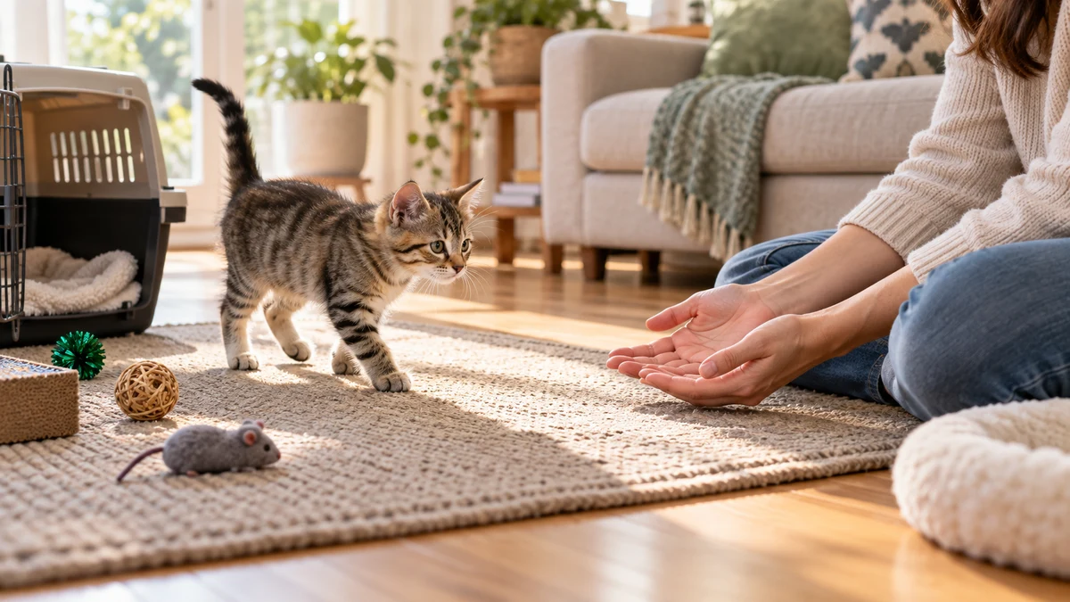 Young brown tabby kitten voluntarily approaching a seated caregiver with open hands beside an open carrier and safe toys