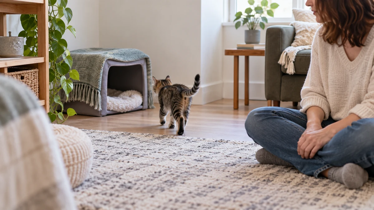 Young brown tabby walking toward an open covered hide while a seated caregiver withdraws both hands and gives the kitten space