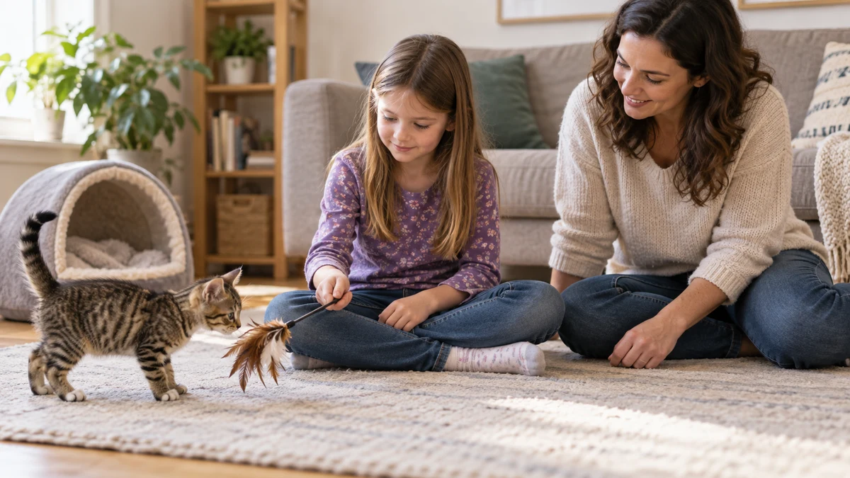 Young brown tabby voluntarily approaching a feather toy held by a seated child while an adult supervises within reach