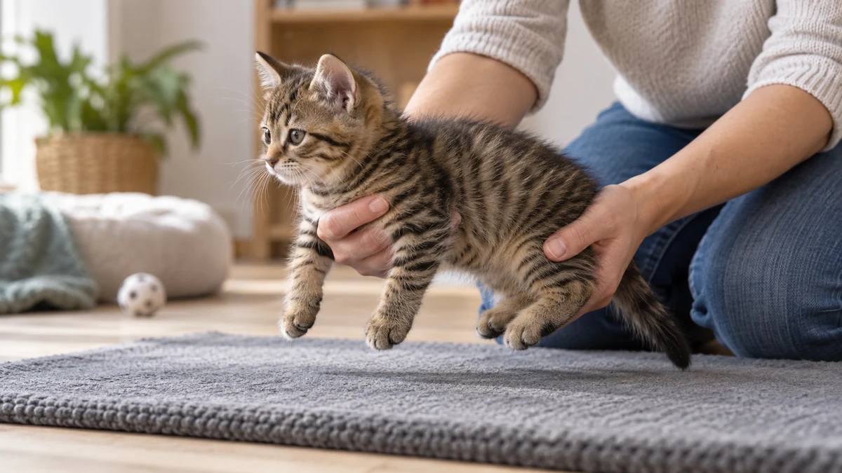 Young brown tabby held just above a thick nonslip mat with one hand supporting the chest and the other supporting the hindquarters