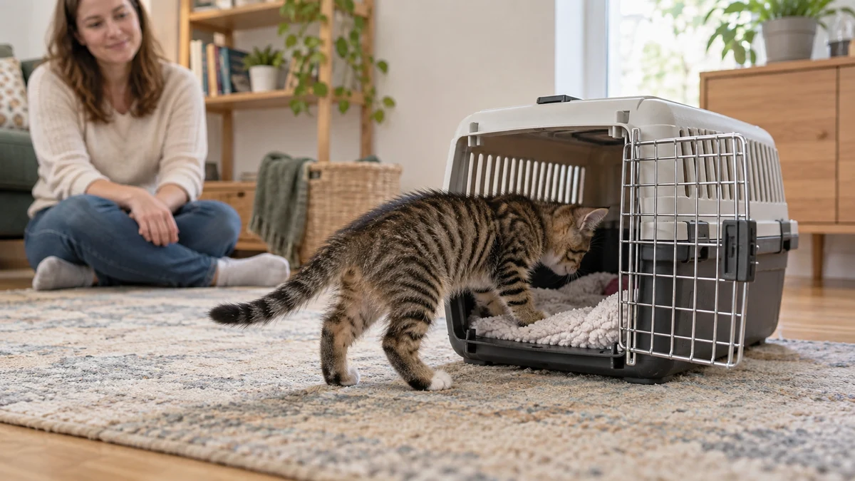 Young brown tabby voluntarily placing its head and front paws inside a stable carrier with the door fixed fully open