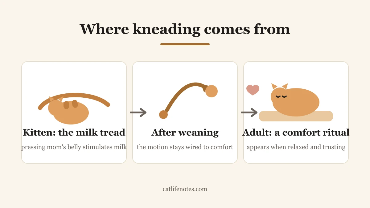 Timeline showing how kneading starts as a nursing behavior in kittens and persists into adult life as a comfort ritual