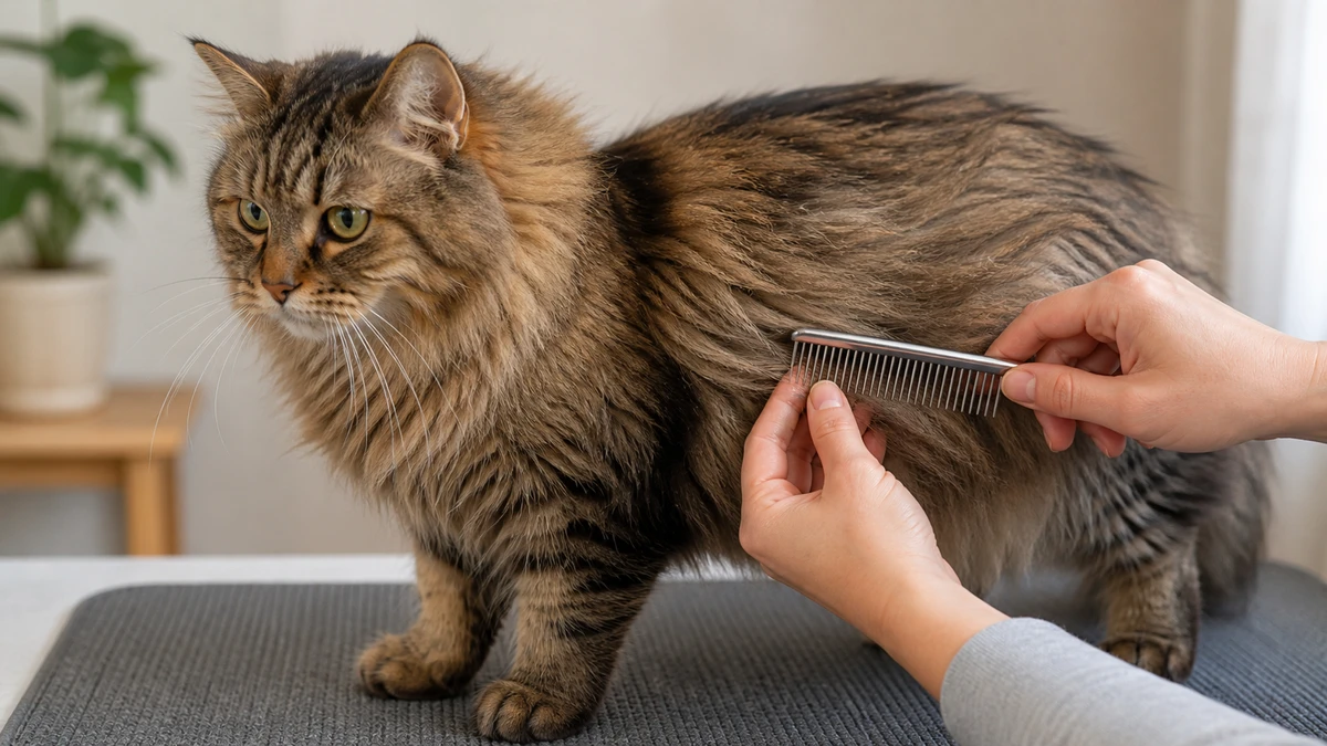 Long-haired brown tabby standing on a nonslip mat while a caregiver supports the fur and combs a small section