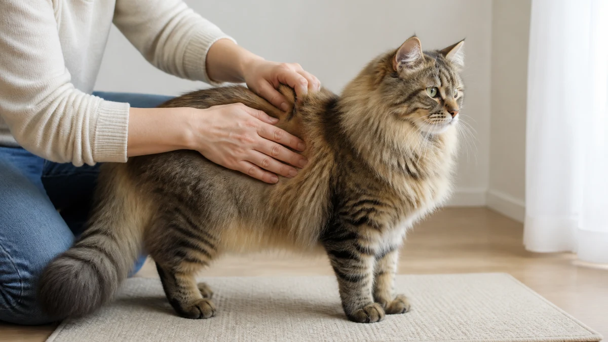Caregiver gently parting a longhaired cat's coat to feel the rib area instead of judging coat volume