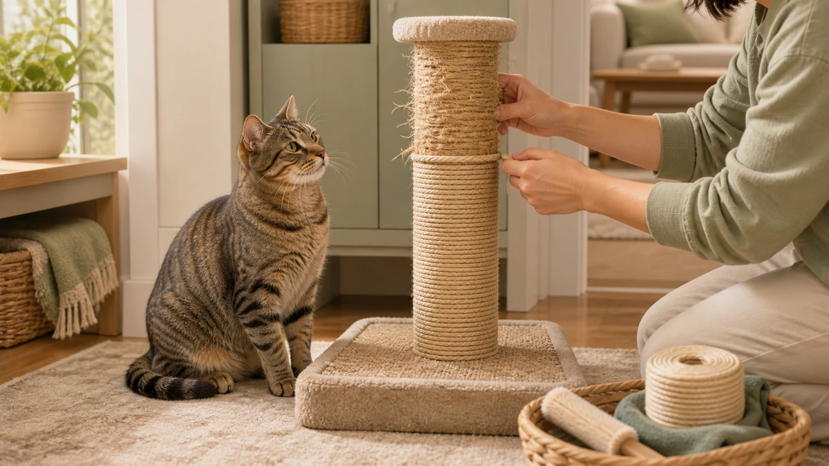 Tabby cat watching as a caregiver safely maintains the worn sisal on a favorite stable scratching post