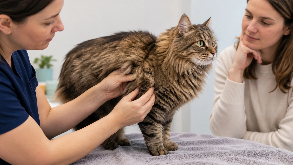 Veterinary professional gently assessing a dense mat behind a long-haired cat's front leg before any removal