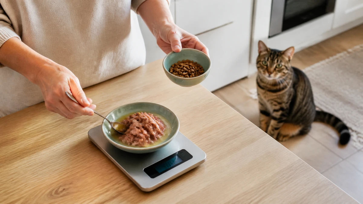 Caregiver measuring separate wet and dry cat-food portions with a digital kitchen scale